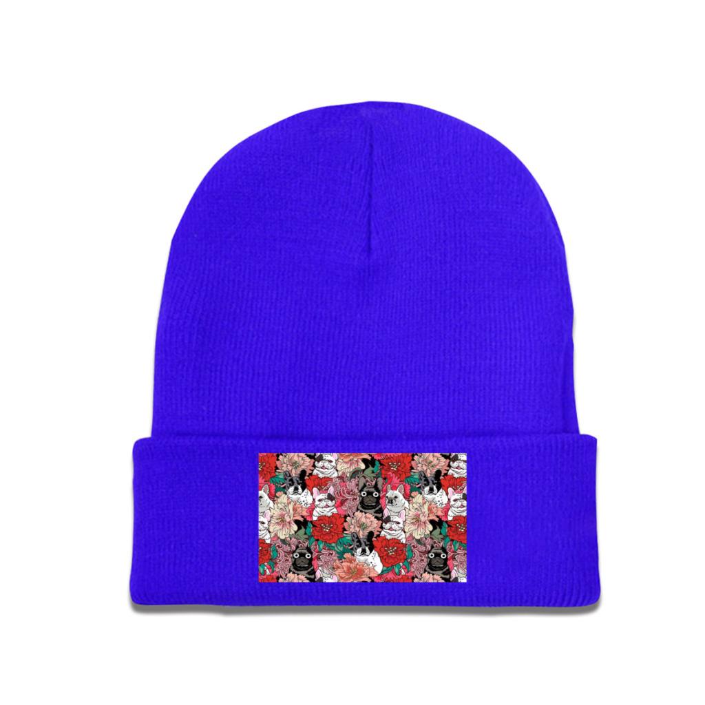 Flowers French Bulldog Knit Hat Beanie Winter Hats Warm Acrylic  Street  Caps Unisex Women