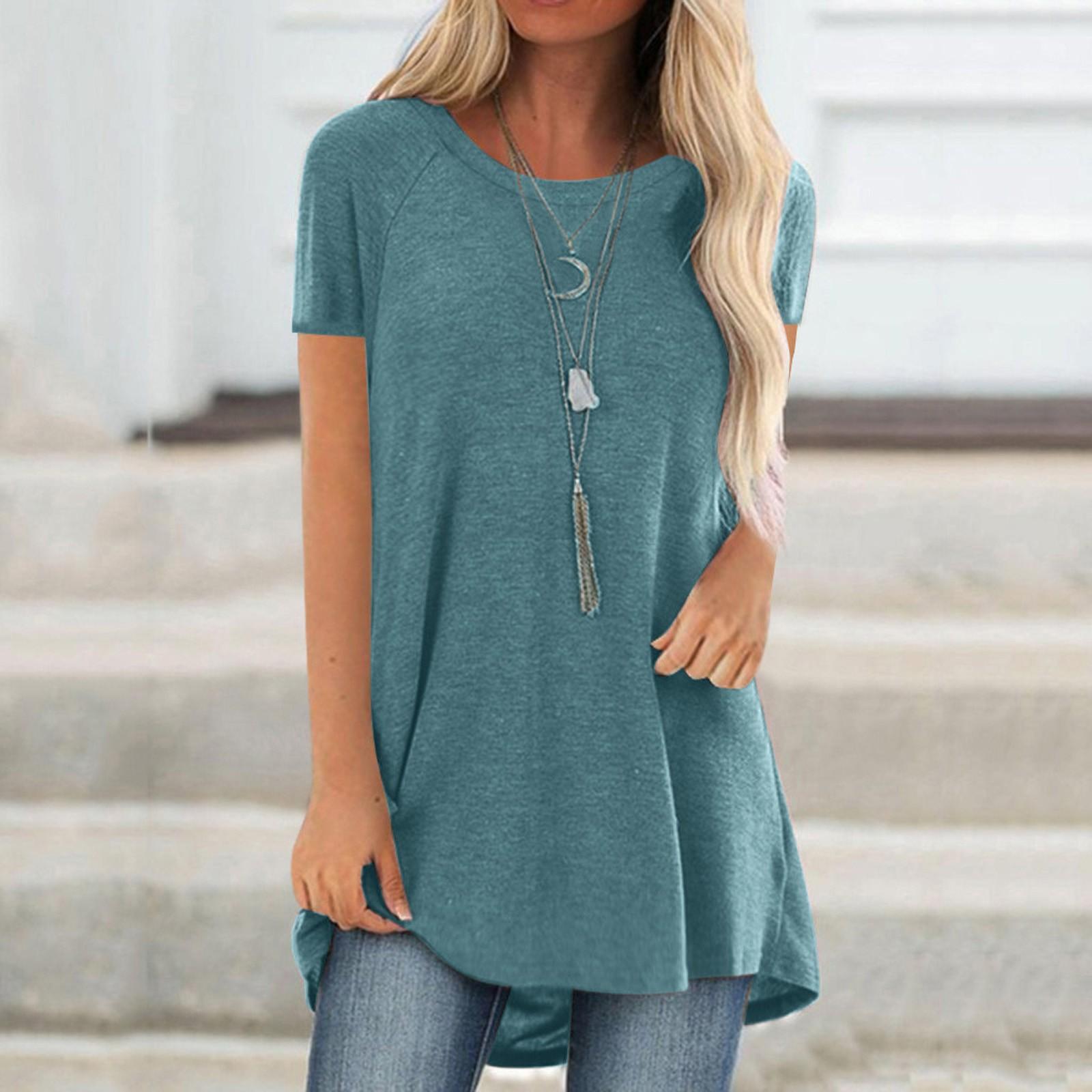 

Women s Fashion Short Sleeve Round Neck Loose Color T-Shirt Tops S синій