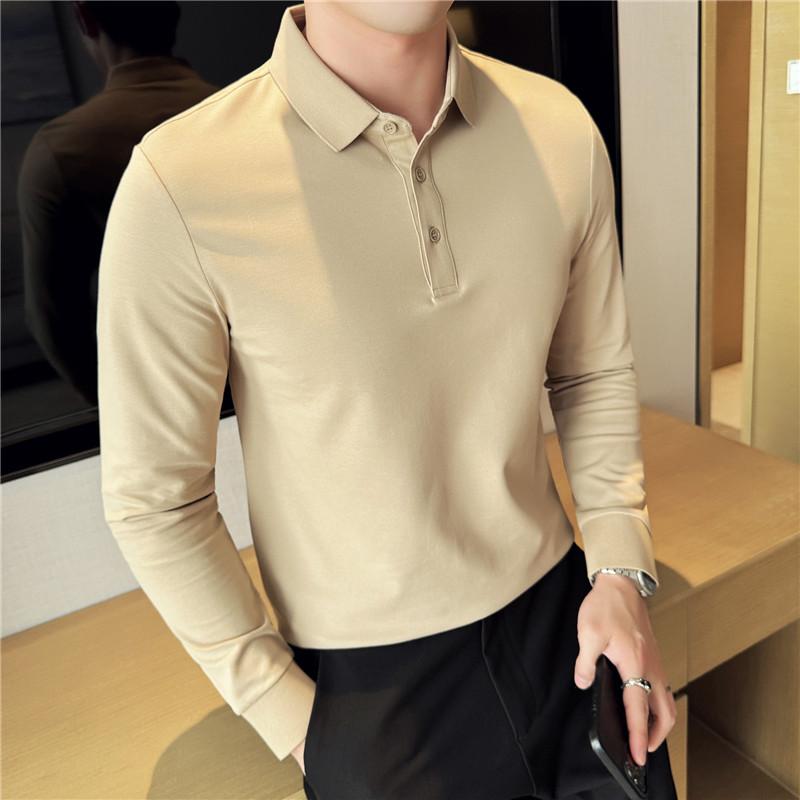 Spring Autumn New Long-Sleeved Men's Polo Shirt Lapel T-Shirt Korean Mens Collared Men Soild Color T-Shirt Bottoming Shirt