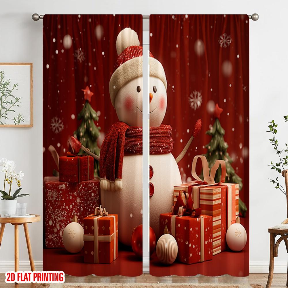 2pcs,2D Plane Printing Curtains Digital Printed Snowman Cartoon Snowflake Gift Versatile Polyester Fabric (without Rod)