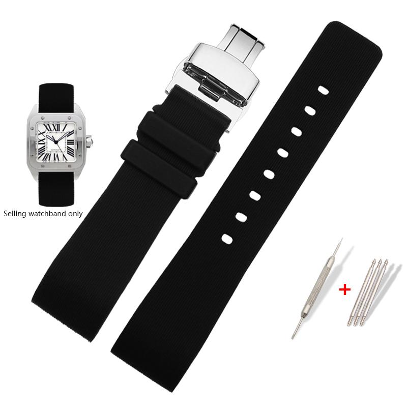 Watch Strap for Cartier Sandoz Santos 100 W20073X8 W20106X8 W2020008 Silicone Rubber Bracelet Men Women Black Belt 20 23 25mm