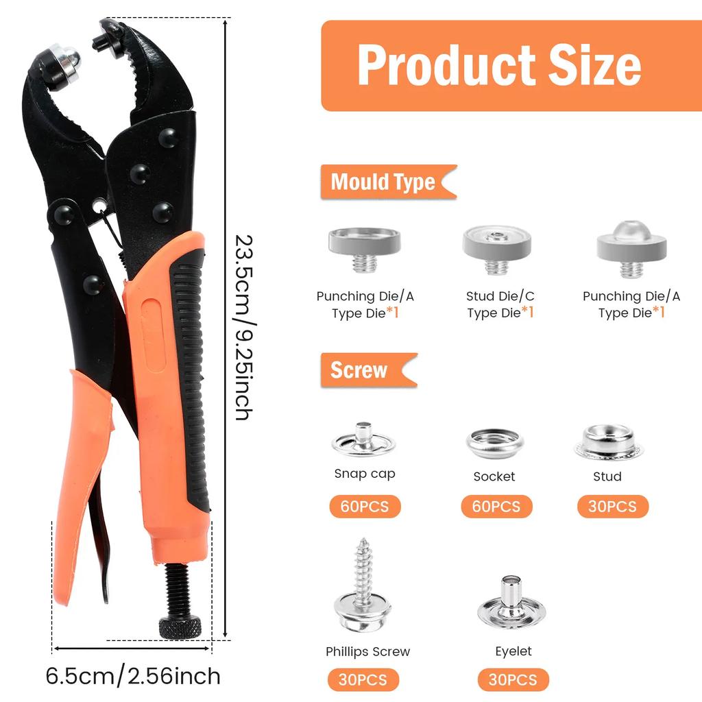 60Sets Snap Fastener Tool Kit Heavy Duty Snap Button Tool Kit with Adjustable Snap Pliers Metal Snap Buttons Marine Snap Kit