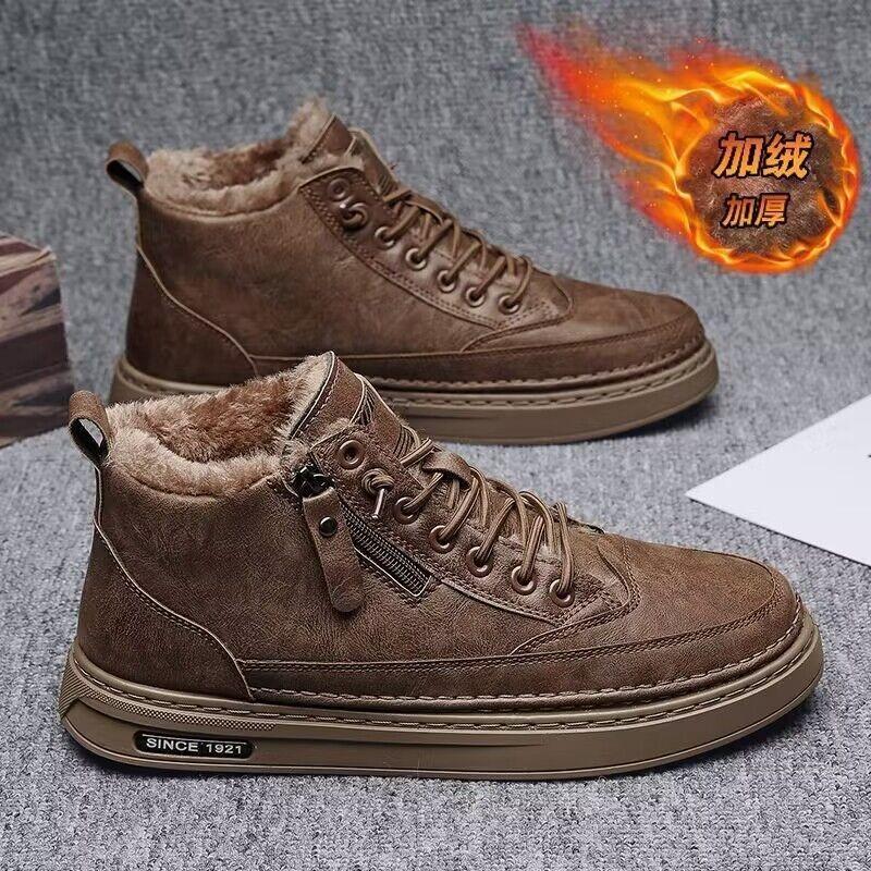 

Кожаные мужские ботинки зимние на платформе теплые меховые короткие на шнуровке модные новинки лаконичные повседневные рабочие туфли 39 хаки