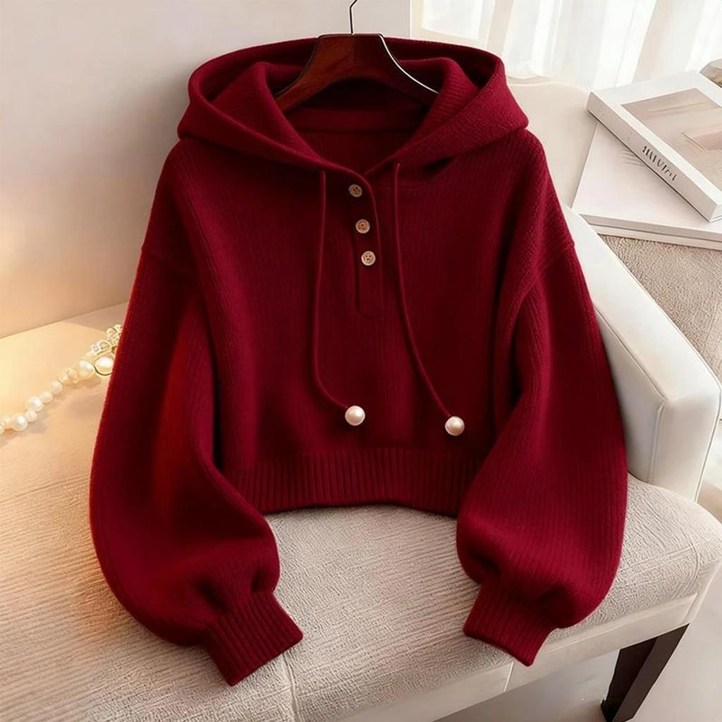 Autumn Korean Hooded Sweater for Women Drawstring Knitted Sweatshirt Sweater