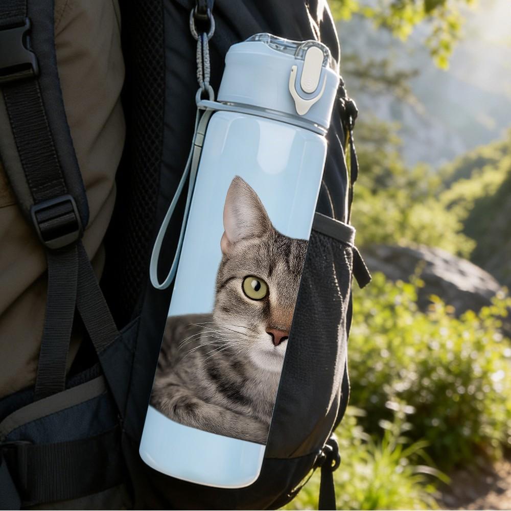 1PC Serious Tabby Cat Headshot 750ml Color Plastic Sports Water Bottle Leakproof Flip Straw Lid Suitable for Sports Office Home Use