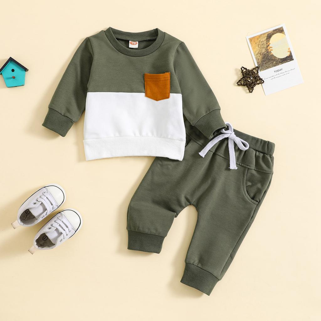 Boys Fall and Winter Color Blocking Suit Long Sleeve Round Neck Top + Pants Two-piece Set