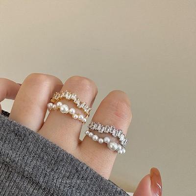 Elegant Double Layer Zircon Pearl Open Ring - Women's Fashionable and Versatile Statement Piece