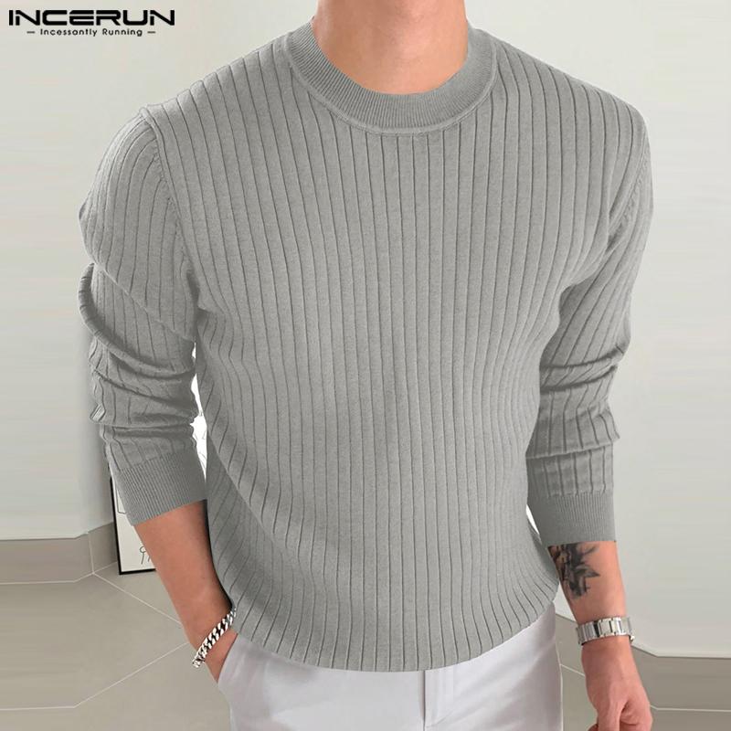 

INCERUN S-5XL Мужские модные рубашки с длинным рукавом и круглым вырезом, повседневные топы с текстурой в полоску M серый