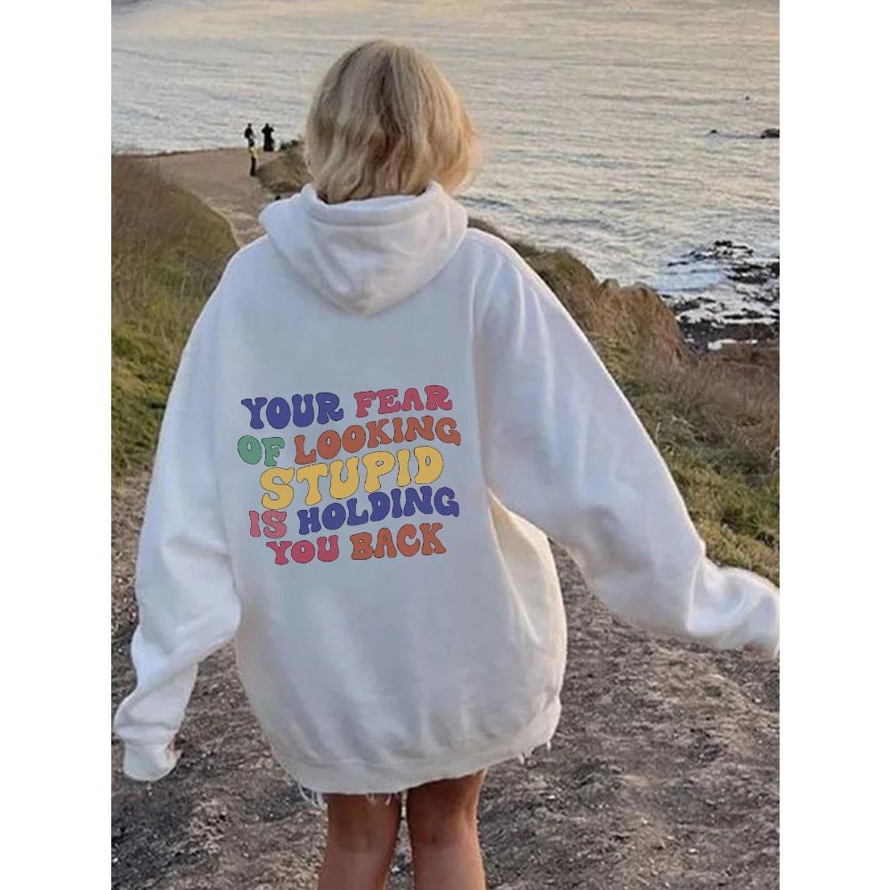 Women'S Shoulder Sleeve Fleece Sweater Plain Letter Print Kangaroo Pocket Drawstring Print Hoodie Clothing