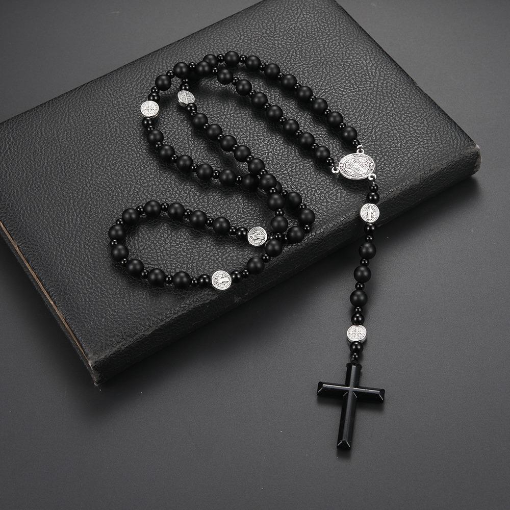 Rosario Nero alla Moda con Perline Rotonde Croce Classica con Ciondolo Regalo Rosario