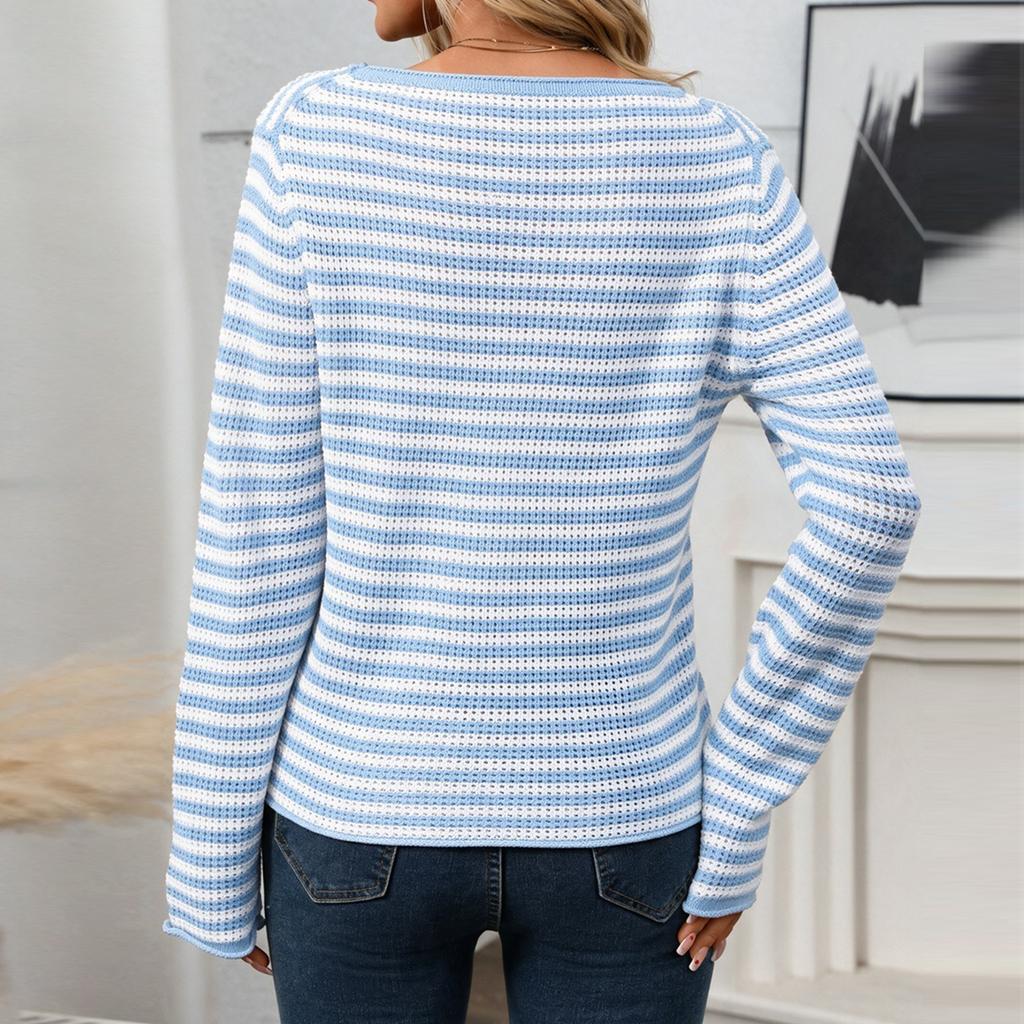 Damen Gestreifter Langarm Rundhals Pullover Sweatshirt Lässiges Lockeres Oberteil für Herbst und Winter