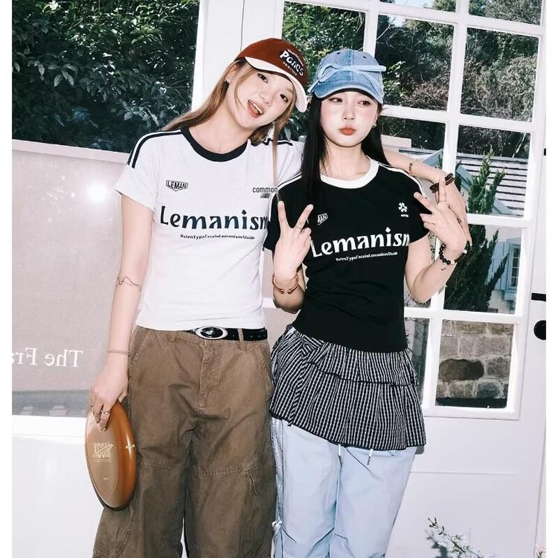 LEMANISM Women s Three-Stripe Letter Slim-Fit T-Shirt L