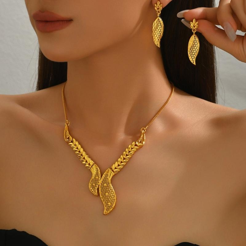 Elegant Hollow Out Leaf Design Alloy Necklace And Earrings Set Hollow Metal Leaf Jewelry For Formal Event Daily Wear