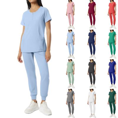 Women's Short Sleeved Solid Color Round Neck Pocket Top Pants Work Clothes Two Piece Set
