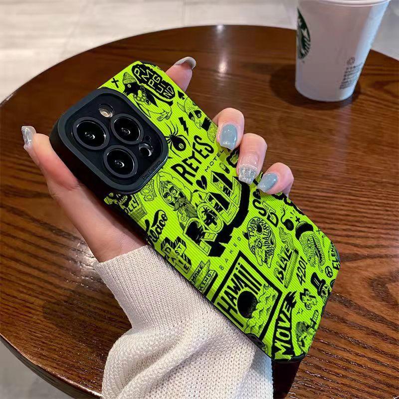 Shockproof Cute Doodle Green Color Pattern Silicone Case For iPhone 11 12 13 14 15 Pro Max Mini 8 7 Plus X XS XR Cartoon Cover