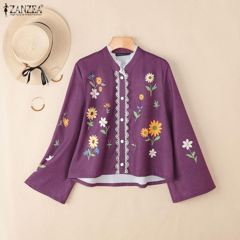 ZANZEA Women Casual Stand Collar Loose Long Sleeve Floral Blouse