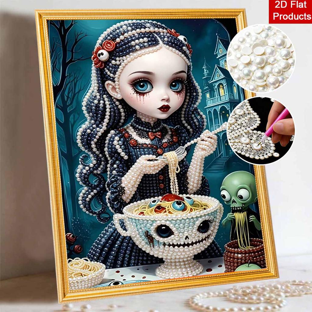 Halloween pearl painting art full pearl gothic girl eating pasta skull handmade diy home decorations