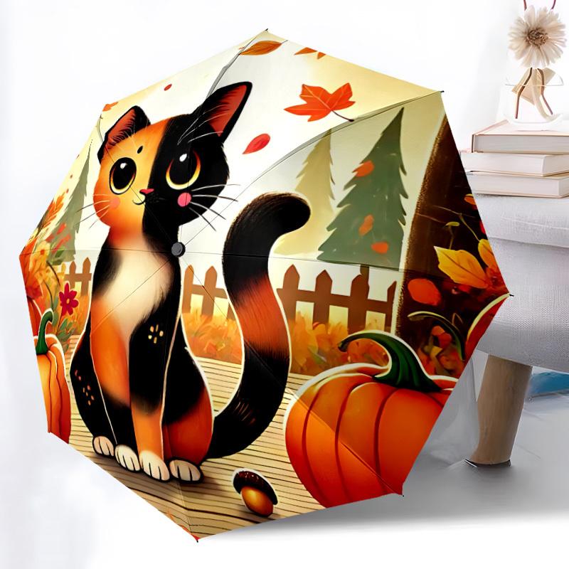 

1pc Automatic Folding Umbrella with Cute Ginger Tabby Cat & Autumn Forest Design - 8-Rib Durable Windproof Umbrella, Compact T Iron&8K