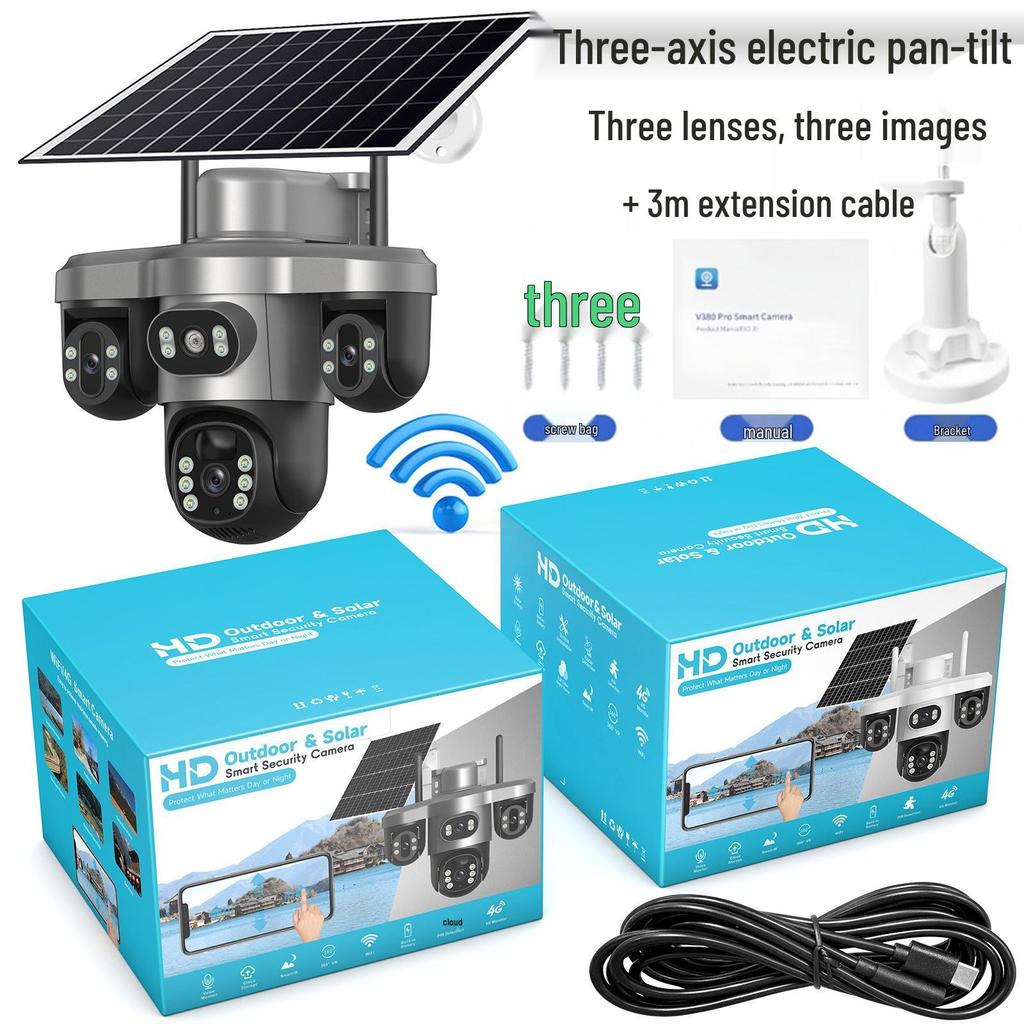 V380 4G Solar Camera with Three-Lens, Three-Axis Gimbal for Home Monitoring - Wireless, Low Power Battery.