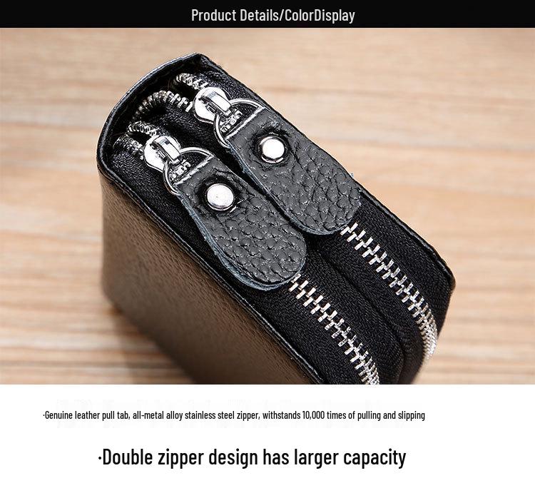 RFID Cowhide Leather Card Holder & Coin Purse with Double Zipper