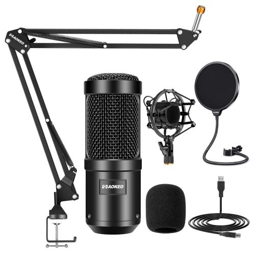 Aokeo USB Microphone, Condenser Microphone, PC Microphone Set (with Pop Filter and Arm Stand), 192KHZ/24BIT PC Microphone, Suitable for Recording, Liv