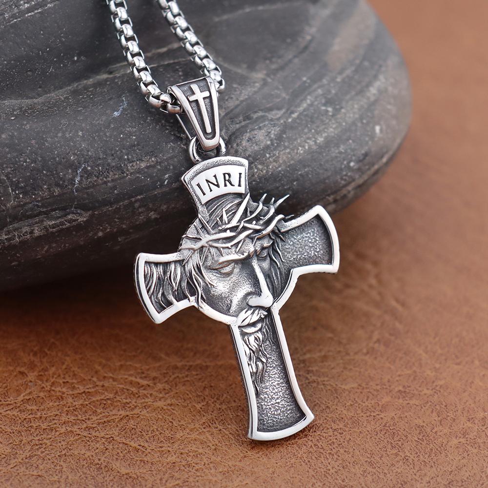 Classic Jesus Cross Pendant Chain Stainless Steel INRI Jesus Religon Necklace Trendy Popular Male Jewelry Accessories