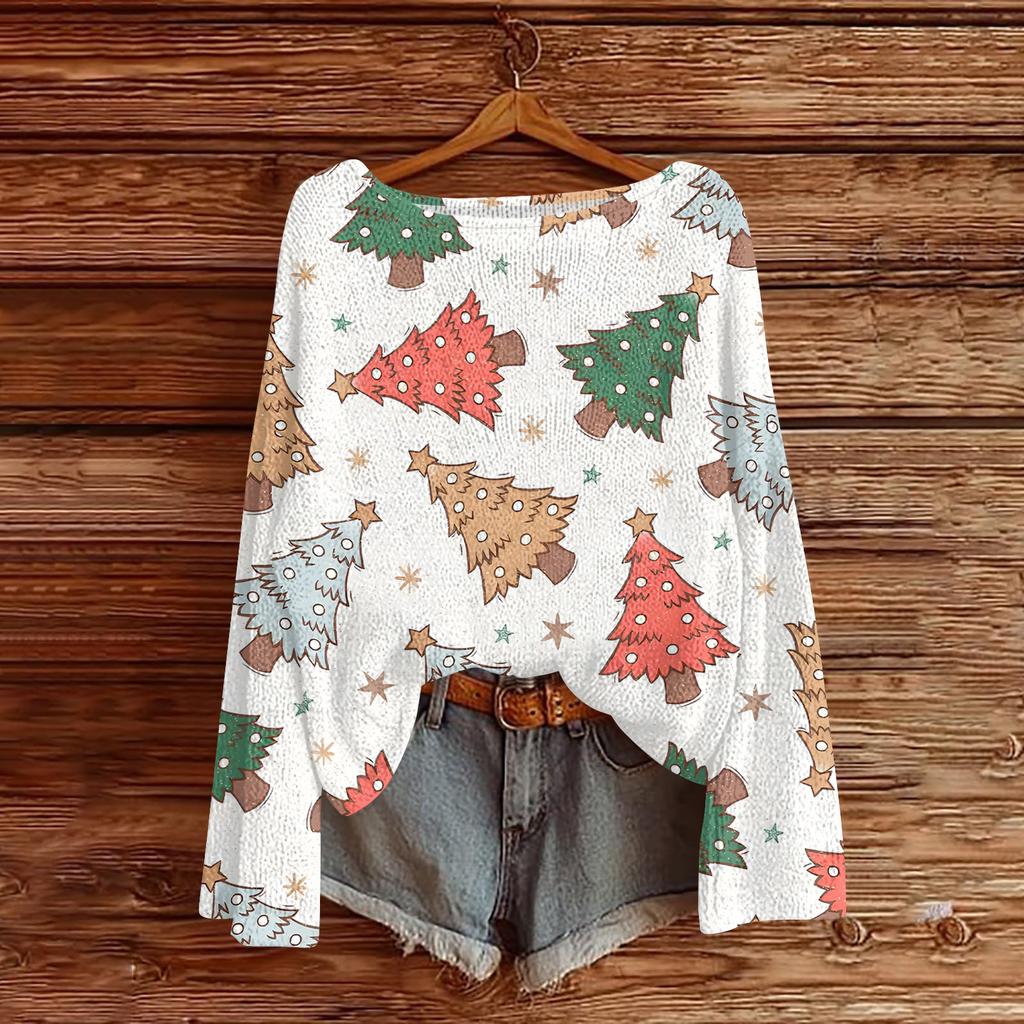 Women's Fashionable Oversized Knitwear Long-Sleeved Christmas Print Top