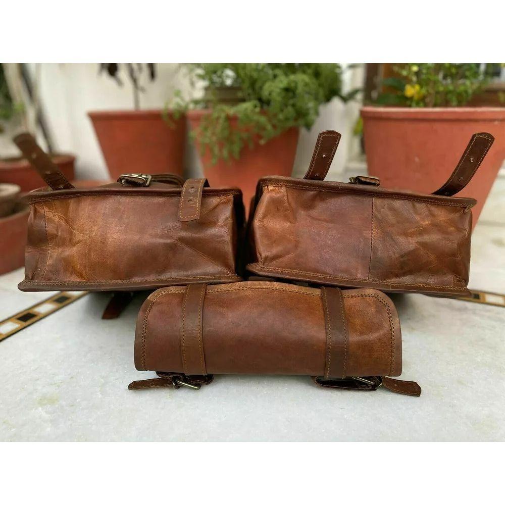 Saddlebags Motorcycle Side 3 Pouch Leather Panniers 3 Bags (2 Large + 1 Small)