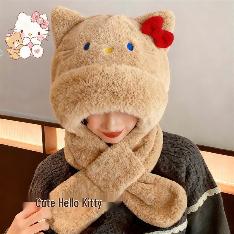KT Cat Ears Plush Three-in-One Winter Set: Warm Hooded Scarf, Hat, and Gloves