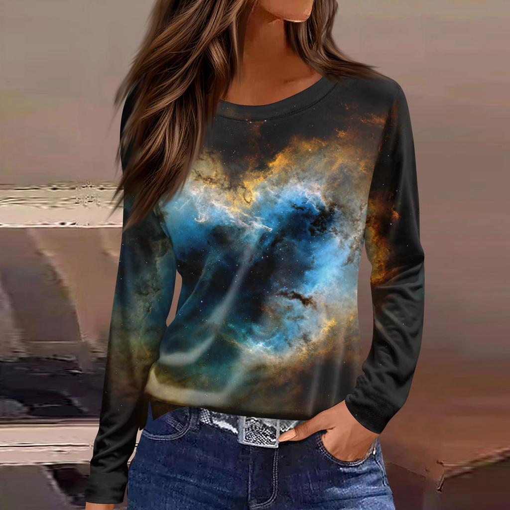 Women's Fashion Casual Slit Hem Round Neck Long Sleeve Loose Printed T,Shirt Ladies Top