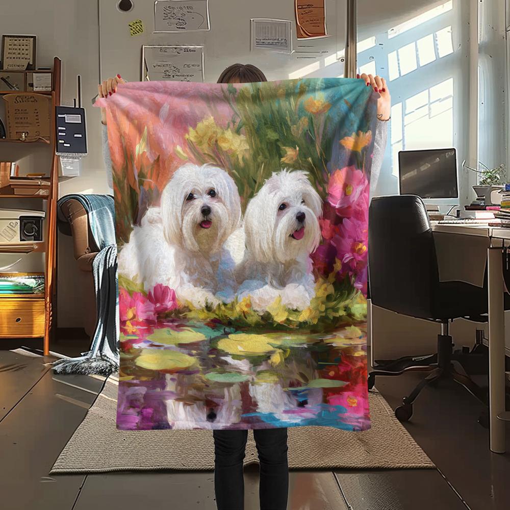 Maltese dog and flowers,pattern Flannel Blanket, High quality Comfortable for All Seasons, Home Decor, Warmth and Comfort, Perfect for Gifts.