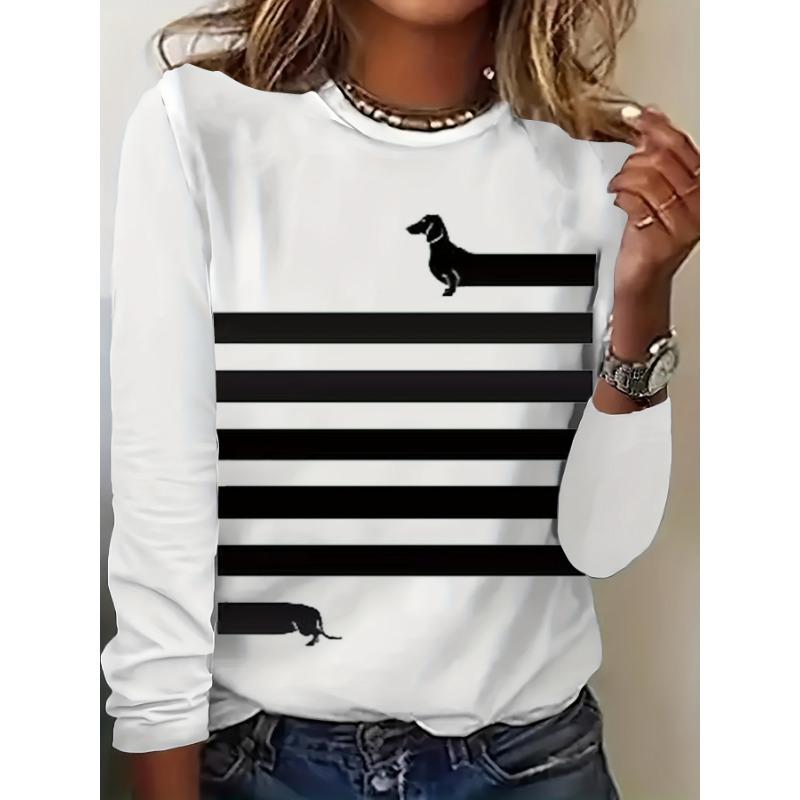 Spring and Autumn Round Neck 3D Dogs and Striped Patterns Printed Top Fashionable Casual Long Sleeved Women's T-shirts