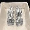 Square head crystal high heel cool slippers women's 2025 summer French temperament sexy rhinestone open toe wearing silver sandals