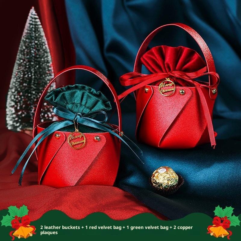 Red Leatherette Gift Bag with Gold Ornaments,Festive Gift Containers for Holiday Candies & Small Presents