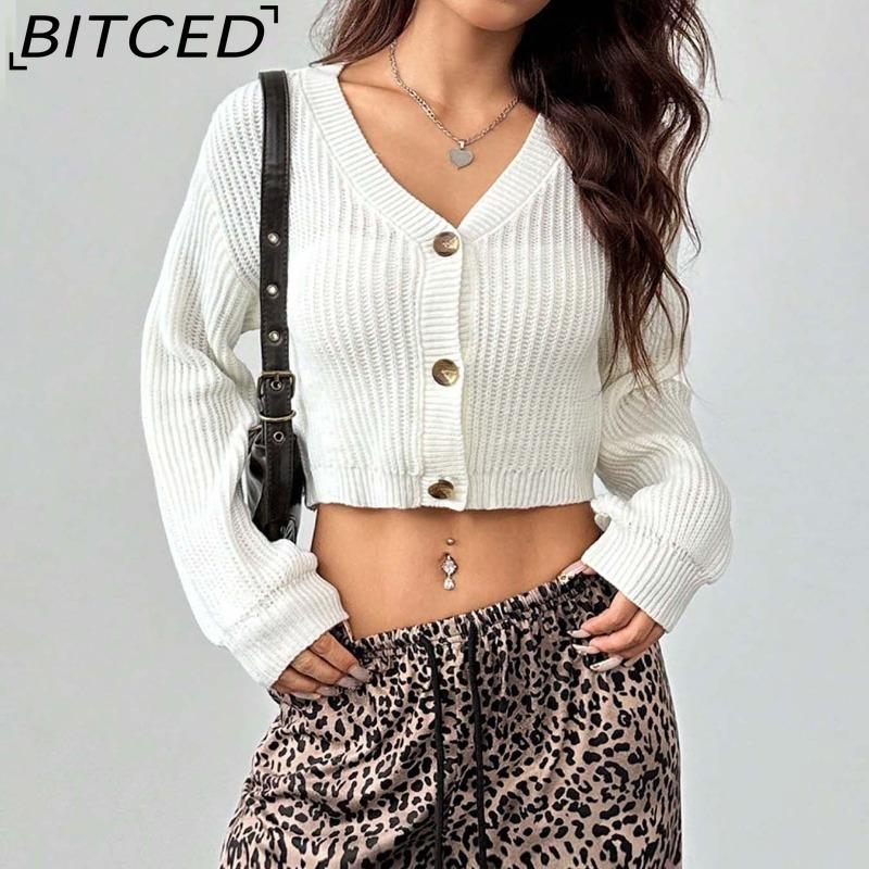 BITCED Women's Knitwear Autumn/Winter Minimalist Short-Length Button-Front Cardigan Sweater