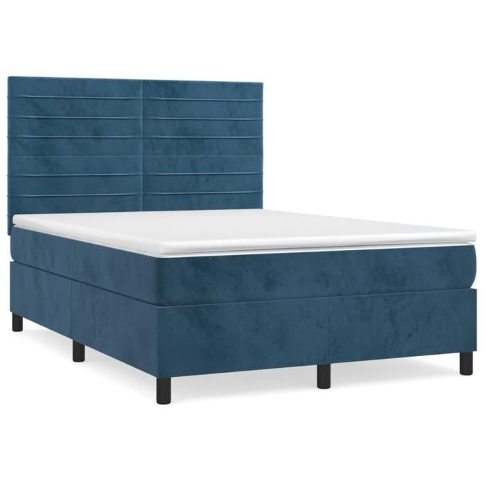 3143083 vidaXL Lit à sommier tapissier et matelas Bleu foncé 140x190cm Velours