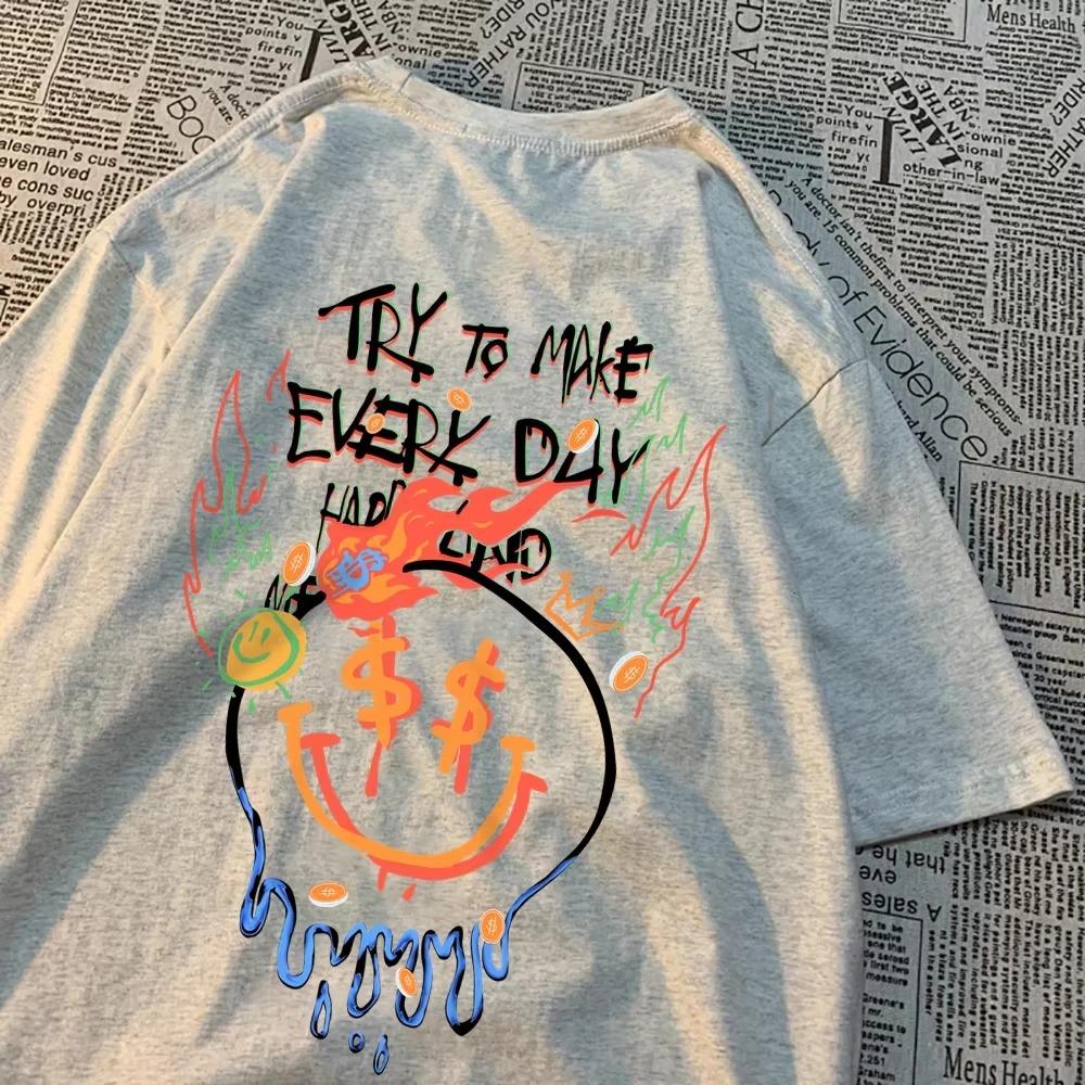 Try To Make Every Day Happy Tops Man Hip Hop Loose T Shirts Vintage Breathable Casual Wear Personality O-Neck Clothing Women