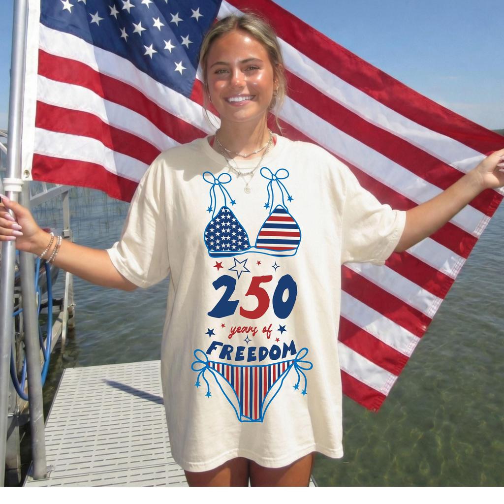 250 Years of Freedom bikini graphic T-shirt, USA Patriotic stars and stripes bathing suit tee, Fourth of July beach outfit, vacation top