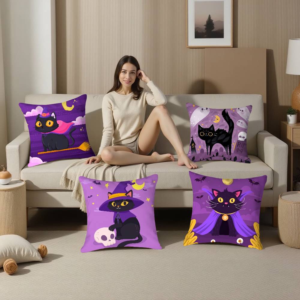 Halloween Cute Purple Cat Pillow Case Plush Fabric Soft Double Sided Print Sofa Cushion Cover Throw Pillow Covers