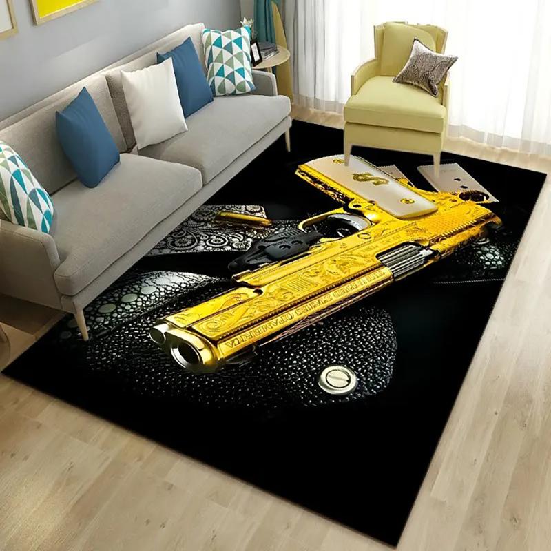 3D Assault Rifle Pistol Revolver Pattern Area Rug, Suitable for Kids' Play Area Anti-Slip Mat, Living Room Sofa Decorative Mat