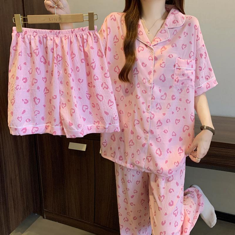 Korean Cloud Cotton Pajamas Women'S Summer Pink Love Leopard Print Short-Sleeved Loungewear Three-Piece Set