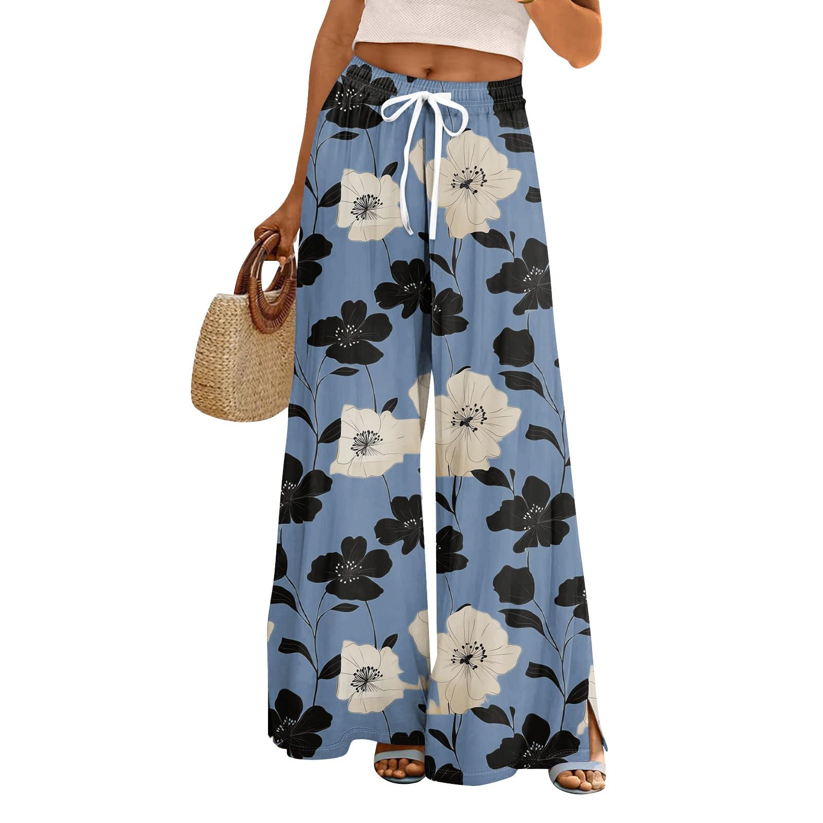 

Женские свободные повседневные брюки с цветочным принтом и широкими штанинами, с эластичной талией на кулиске и карманами XL небесно-голубой