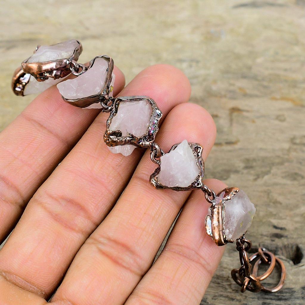 Rose Quartz Rough Bracelet Electroformed Copper Bracelet Adjustable Chain Bracelet Gemstone Bracelet For Gift Handmade Electroformed Jewelry