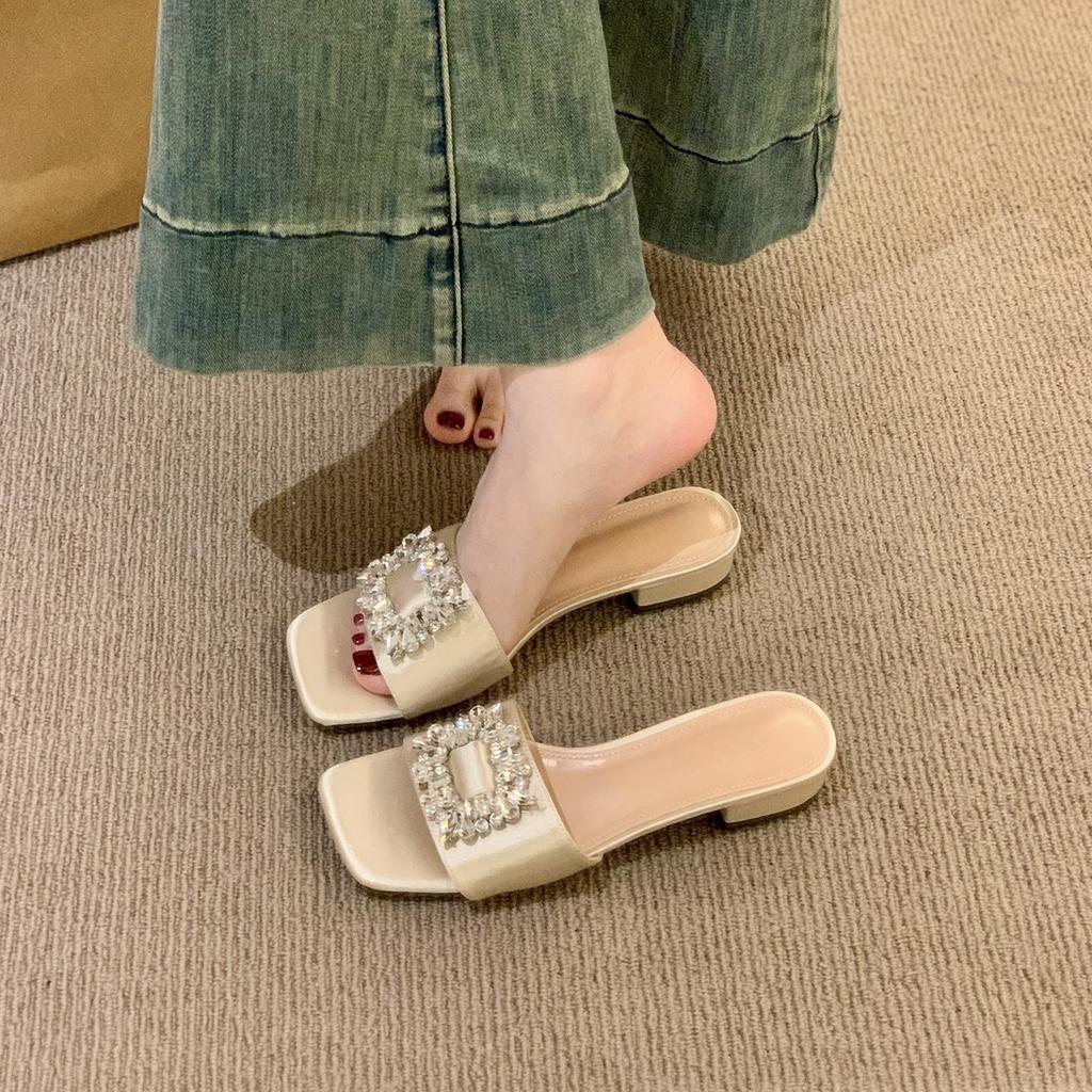 French thick heel silver temperament square buckle rhinestone one-word cool slippers women's shoes wear 2025 summer vacation sandals