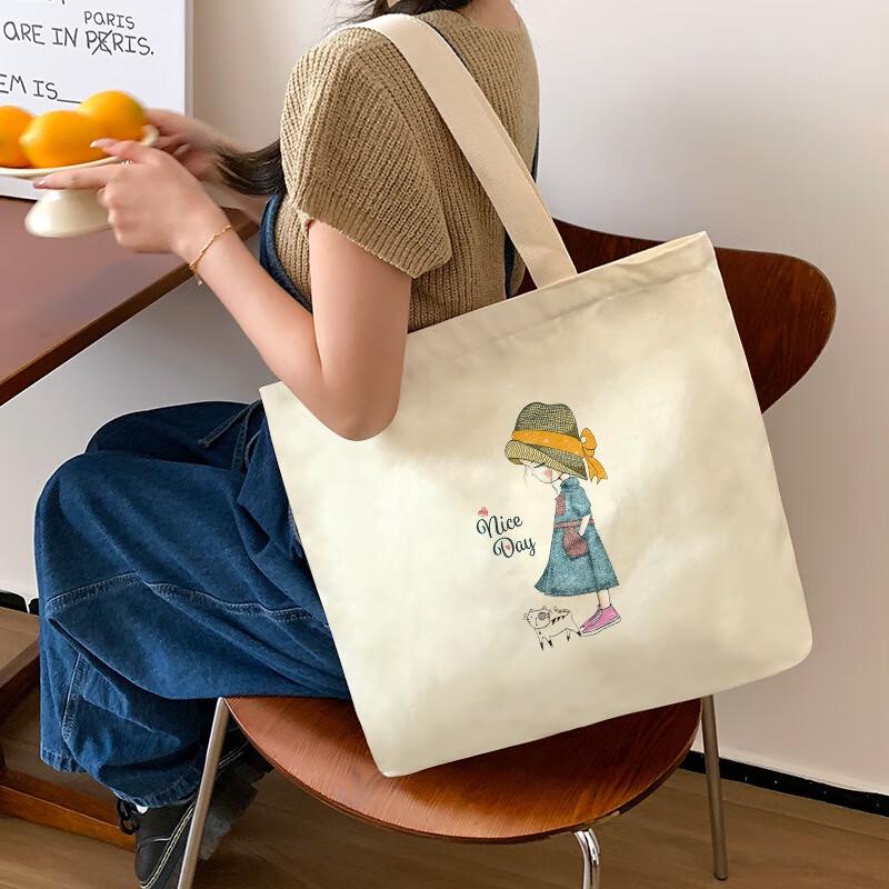 Fumaide Large Capacity Canvas Tote Bag - Straw Hat Girl Print