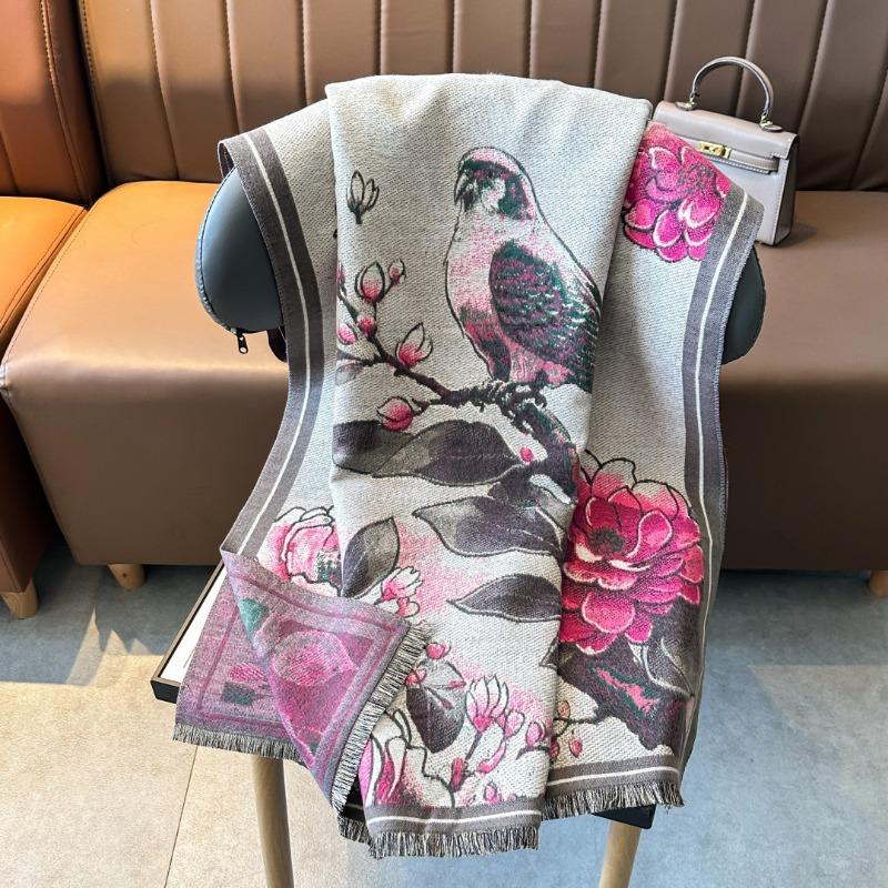 Retro bird flower shawl women's autumn and winter travel versatile multi-functional warm scarf double-sided scarf