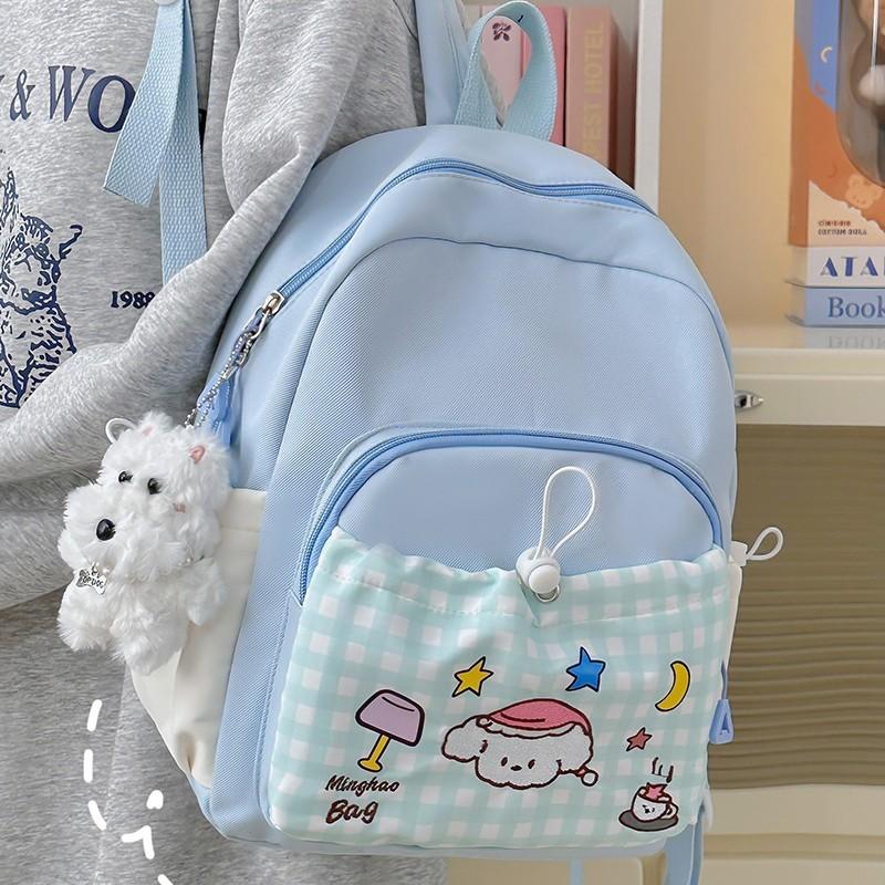 Casual Student Backpack With Dog Star Moon Desk Lamp Checkered Pattern For Girls Travel And School