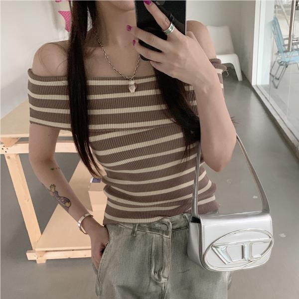 Striped Off Shoulder Sweater For Women With Slim Fit Short Sleeve Knit Top