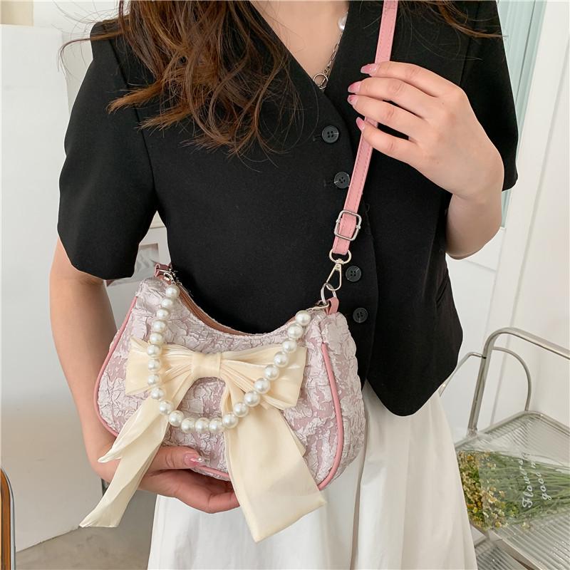 Women's Summer 2026 Trendy Crossbody Bag: Pleated Pearl Handbag with Cute Bow