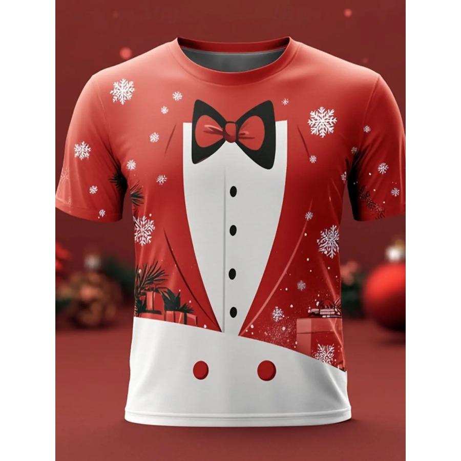 Christmas Tree Snowflake Bow Tie Men's 3D Print O-Neck T Shirt Tee Party Casual Christmas Theme T Shirt Short Sleeve Tops